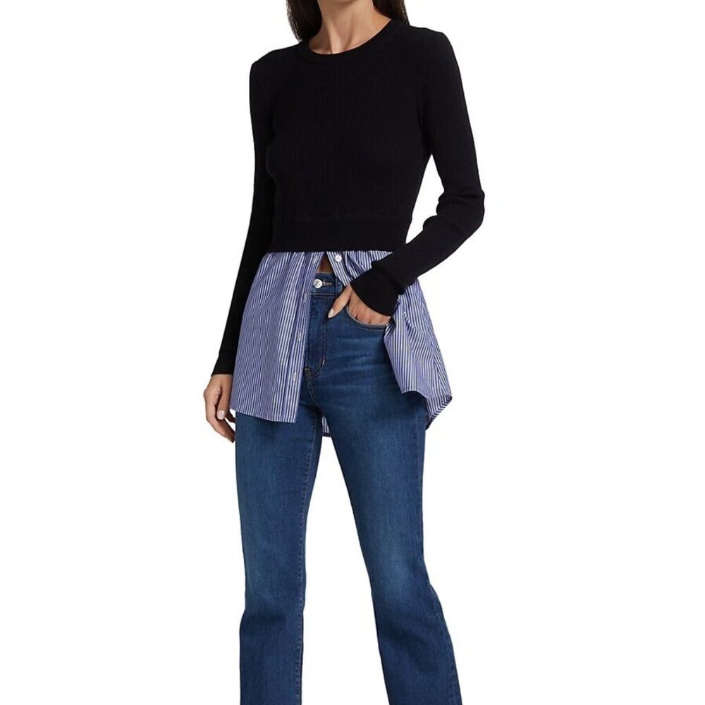 Veronica Beard Rocha Mixed Media 100% Merino Wool (Combo 100% Cotton) Pullover